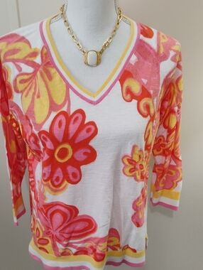 Talbots Floral V-Neck Sweater in White, Pink, Red & Yellow